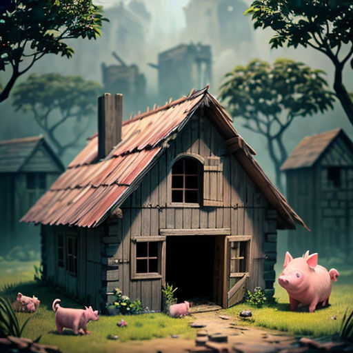 a pig house with pigs in the yard and trees in the background, with a foggy sky and a few buildings