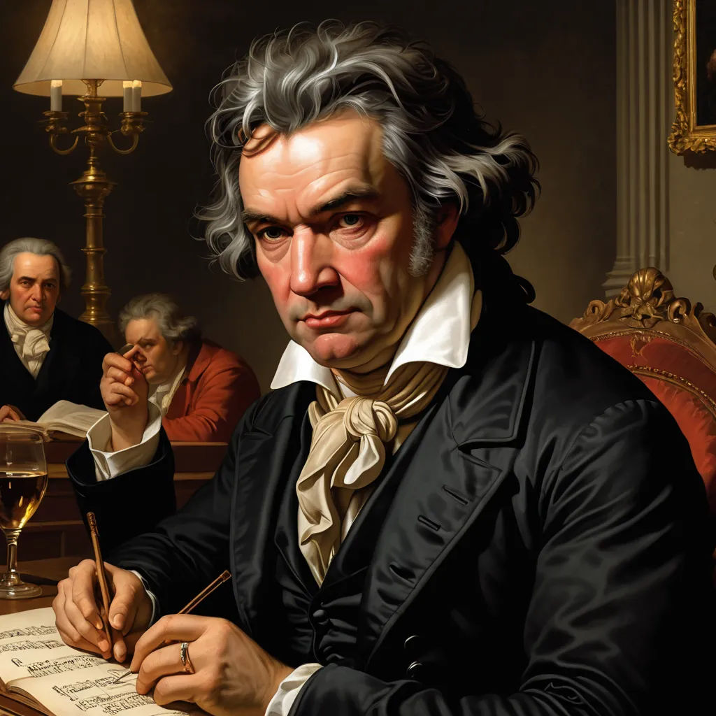 a painting of a man writing in a room with other men in the background and a lamp on the table, neoclassicism, an ultrafine detailed painting, Abraham Storck, highly detailed digital painting