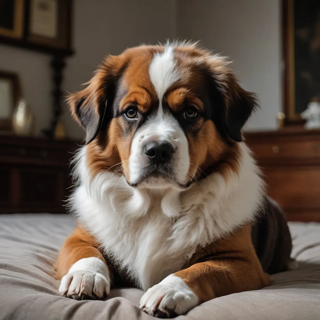 a dog laying on a bed with a mirror in the background and a dresser in the background with a mirror on the wall, renaissance, a stock photo, Edwin Landseer, animal photography