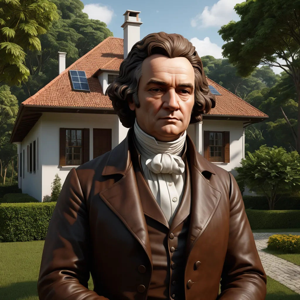 a statue of a man in a brown jacket and white shirt in front of a house with a red roof, classical realism, a character portrait, Benjamin Williams Leader, ultra realistic faces