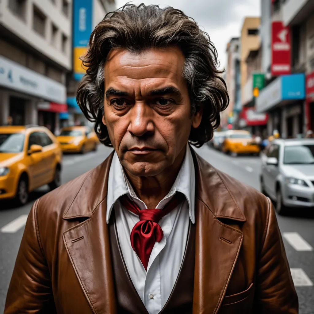 a man in a brown jacket and red tie standing in the middle of a street with cars and buildings, neo-primitivism, a character portrait, Bruce Gilden, portrait photography