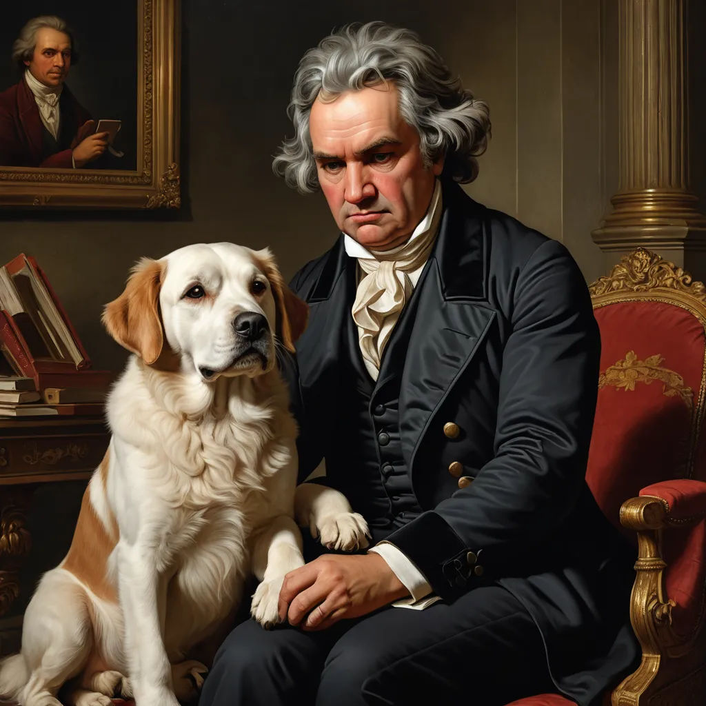 a painting of a man and his dog sitting in a chair with a bookcase in the background and a portrait of a man in the background, classical realism, a fine art painting, Ditlev Blunck, highly detailed oil painting