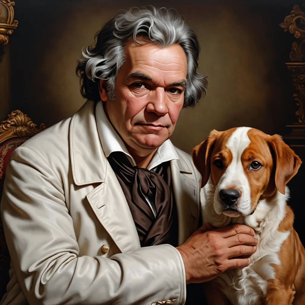 a painting of a man holding a dog in his lapel and a dog in his lapel collar, classical realism, a fine art painting, Arie Smit, highly detailed oil painting