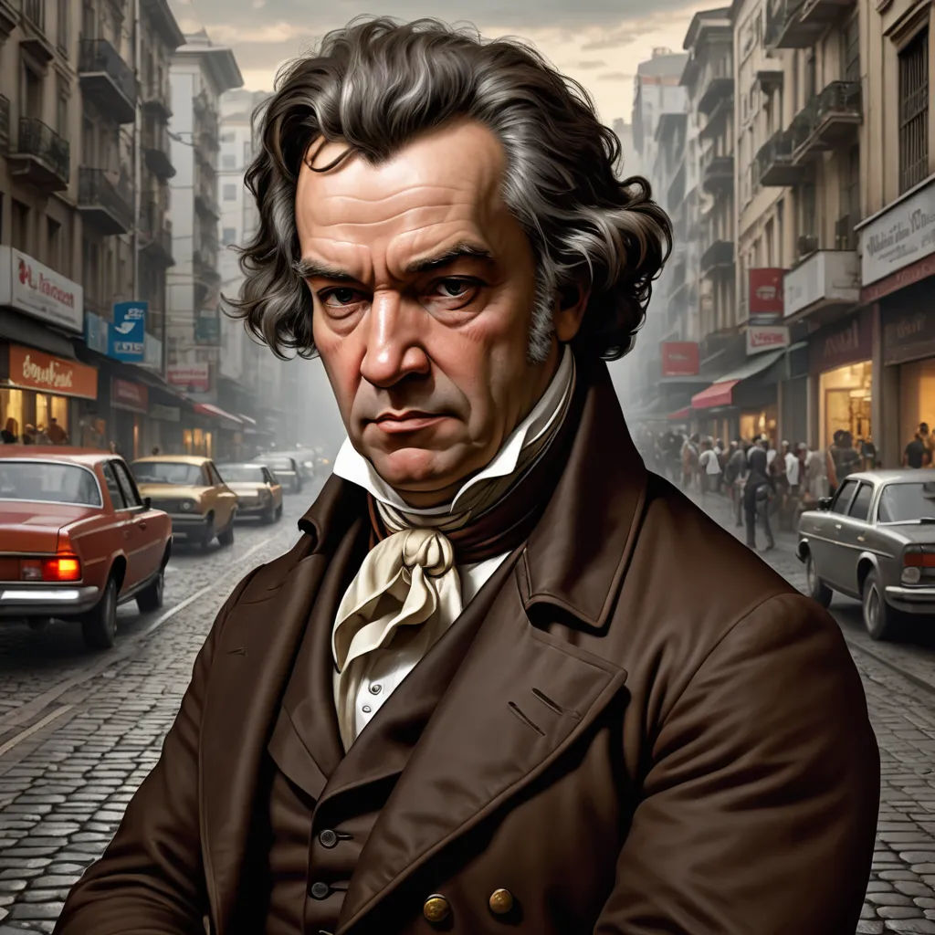 a painting of a man in a suit and tie standing in a street with a car in the background, classical realism, a character portrait, Ditlev Blunck, highly detailed digital painting