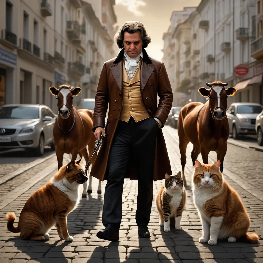 a man in a coat and some cats on a street with cows on the side of the road and a man in a brown coat, neo-romanticism, a character portrait, Dimitre Manassiev Mehandjiysky, promotional image