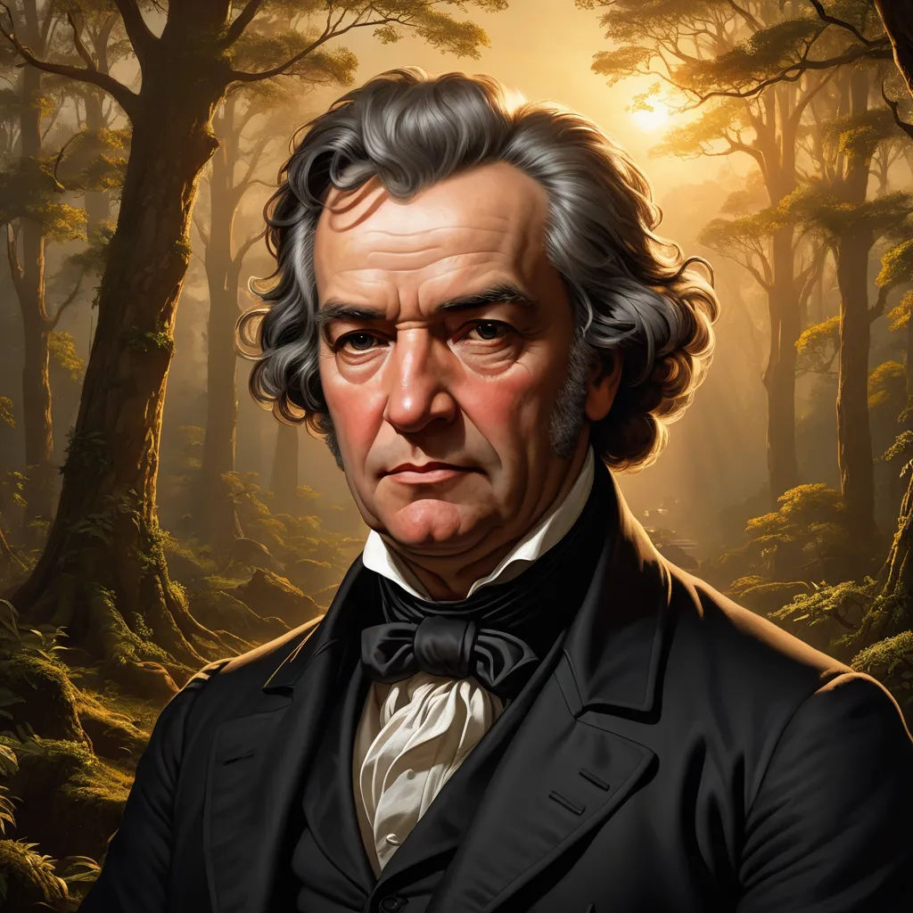a painting of a man in a suit in a forest with trees and sun shining through the trees behind him, american romanticism, a character portrait, Eugene von Guerard, character portrait