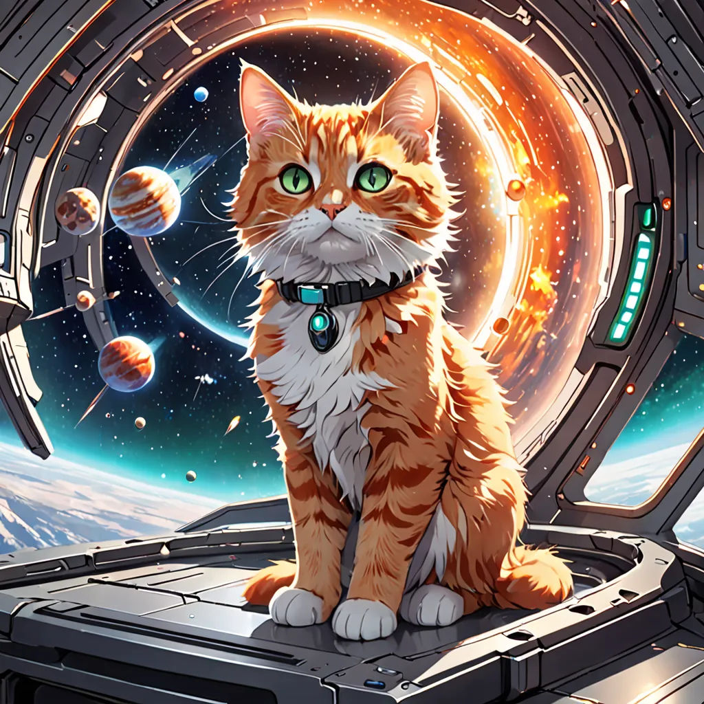a cat sitting on top of a space station looking at the camera with a space background and planets in the background, space art, a detailed painting, Chris LaBrooy, official art