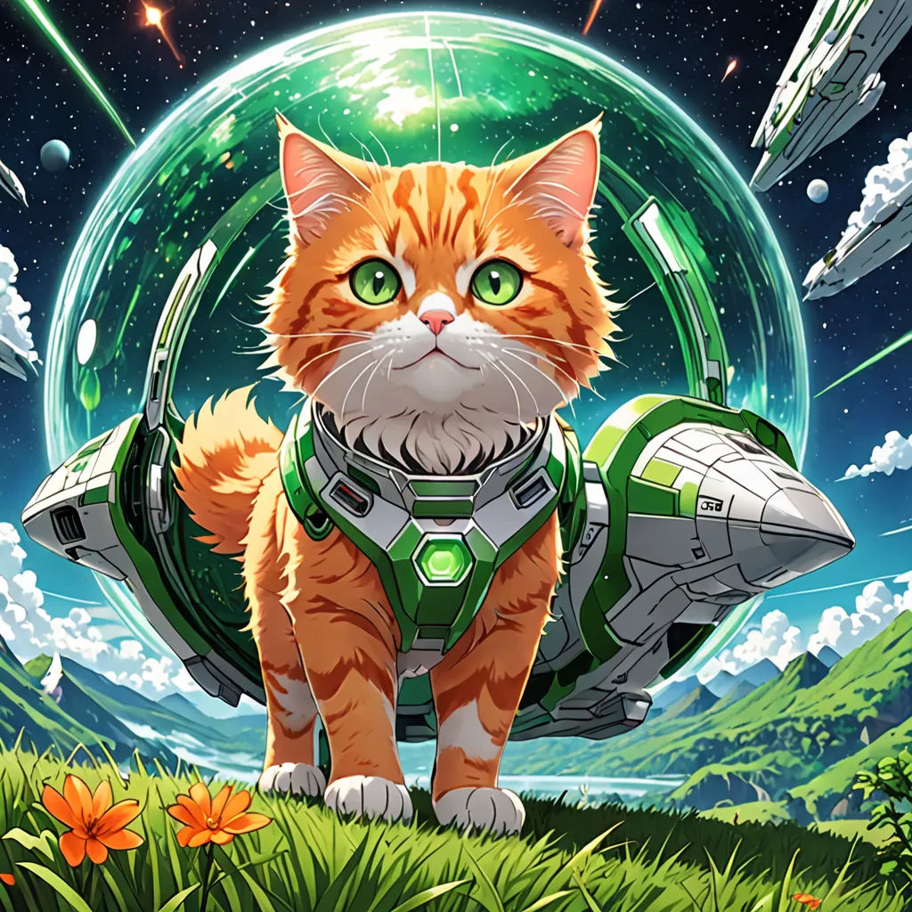 a cat is standing in a field with a spaceship in the background and stars in the sky above it, space art, concept art, Chris LaBrooy, official art