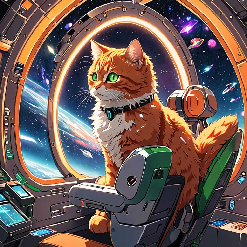a cat sitting on a chair in a space station looking out the window at the earth and stars in the distance, space art, computer graphics, Chris LaBrooy, space