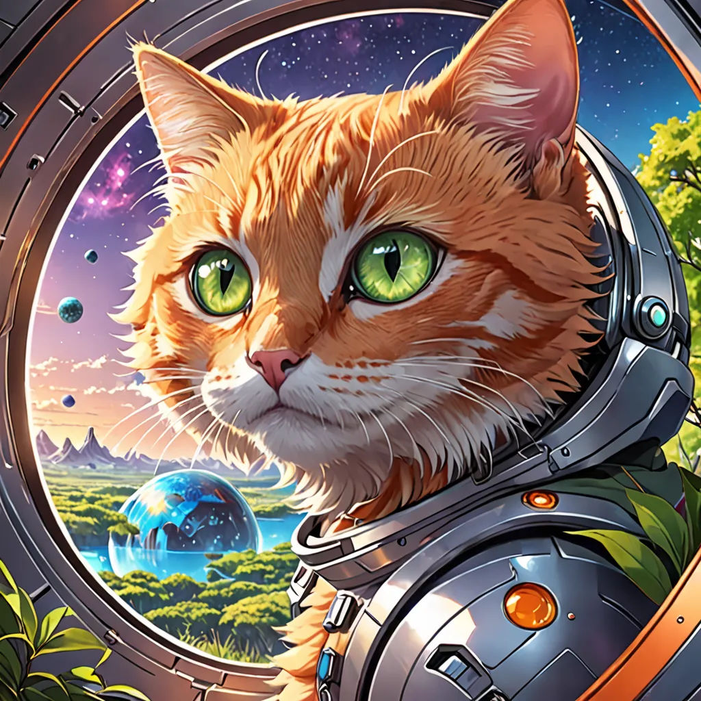 a cat with green eyes is looking out of a window at the earth and trees in the background, with a space station in the foreground, space art, a detailed painting, Chris LaBrooy, highly detailed digital painting