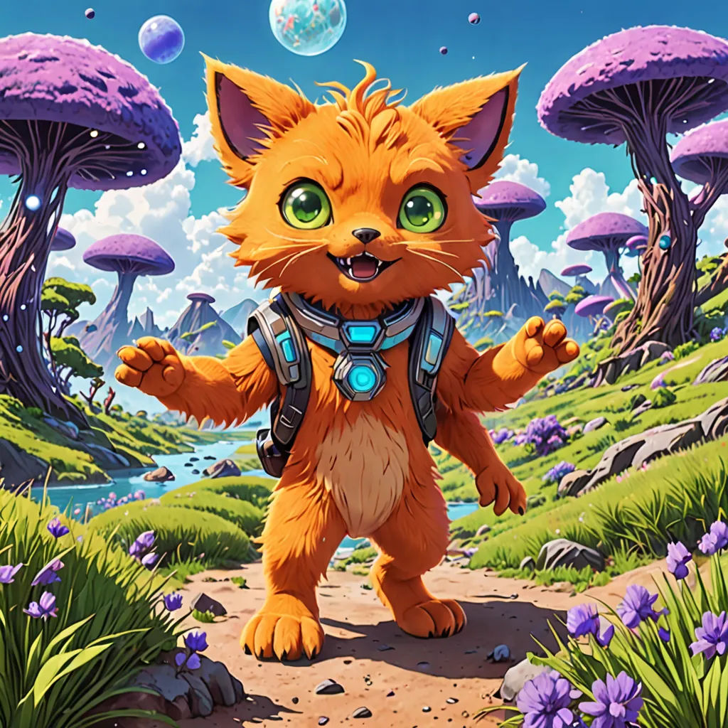 a cartoon cat is walking through a forest with mushrooms and flowers in the background, and a blue sky with clouds, sots art, a character portrait, Chris LaBrooy, official art