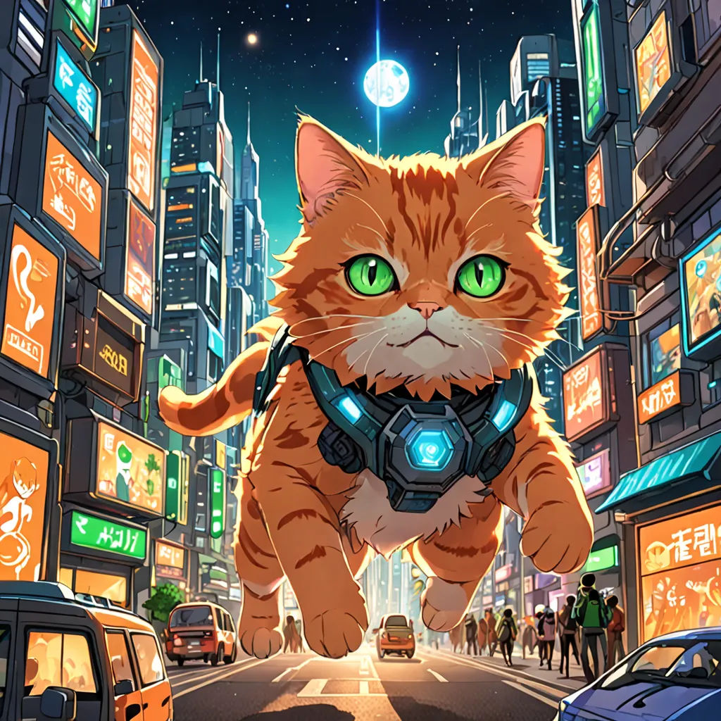 a cat is running down a city street at night with a glowing green eyes and a futuristic helmet on, sots art, cyberpunk art, Dan Mumford, josan gonzales and dan mumford