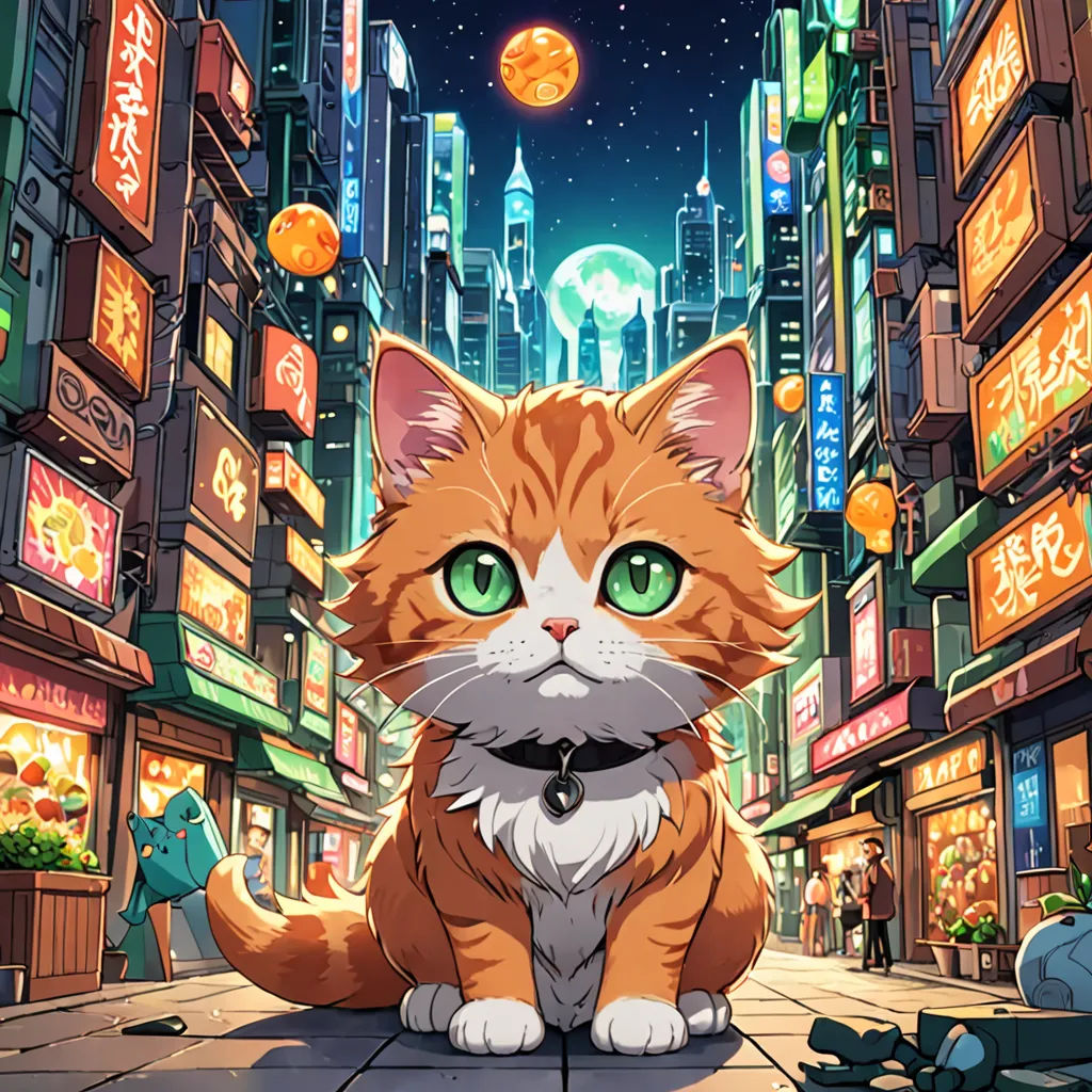 a cat sitting on a city street at night with a full moon in the background and a cityscape in the foreground, sots art, poster art, Chris LaBrooy, official art