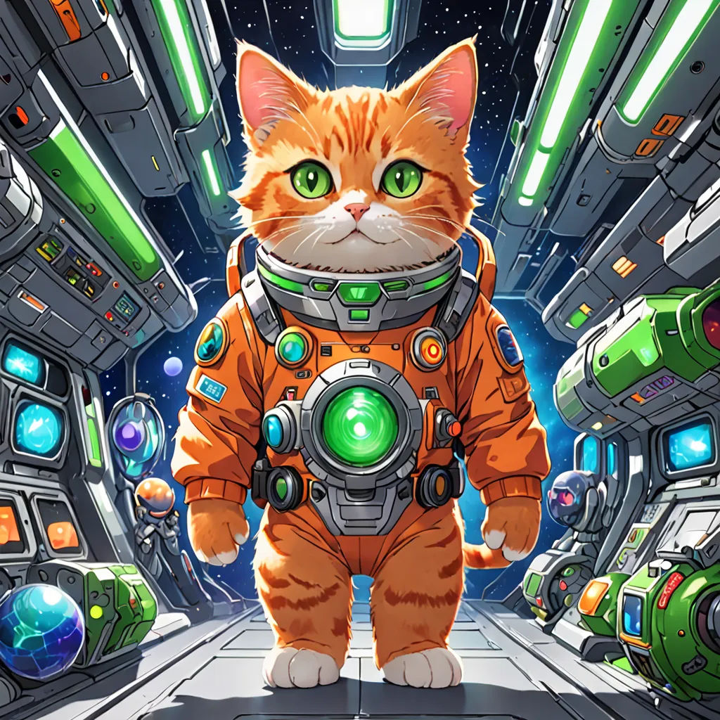 a cat in a space suit standing in a tunnel with a space station in the background and a green light, space art, concept art, Dan Mumford, josan gonzales and dan mumford