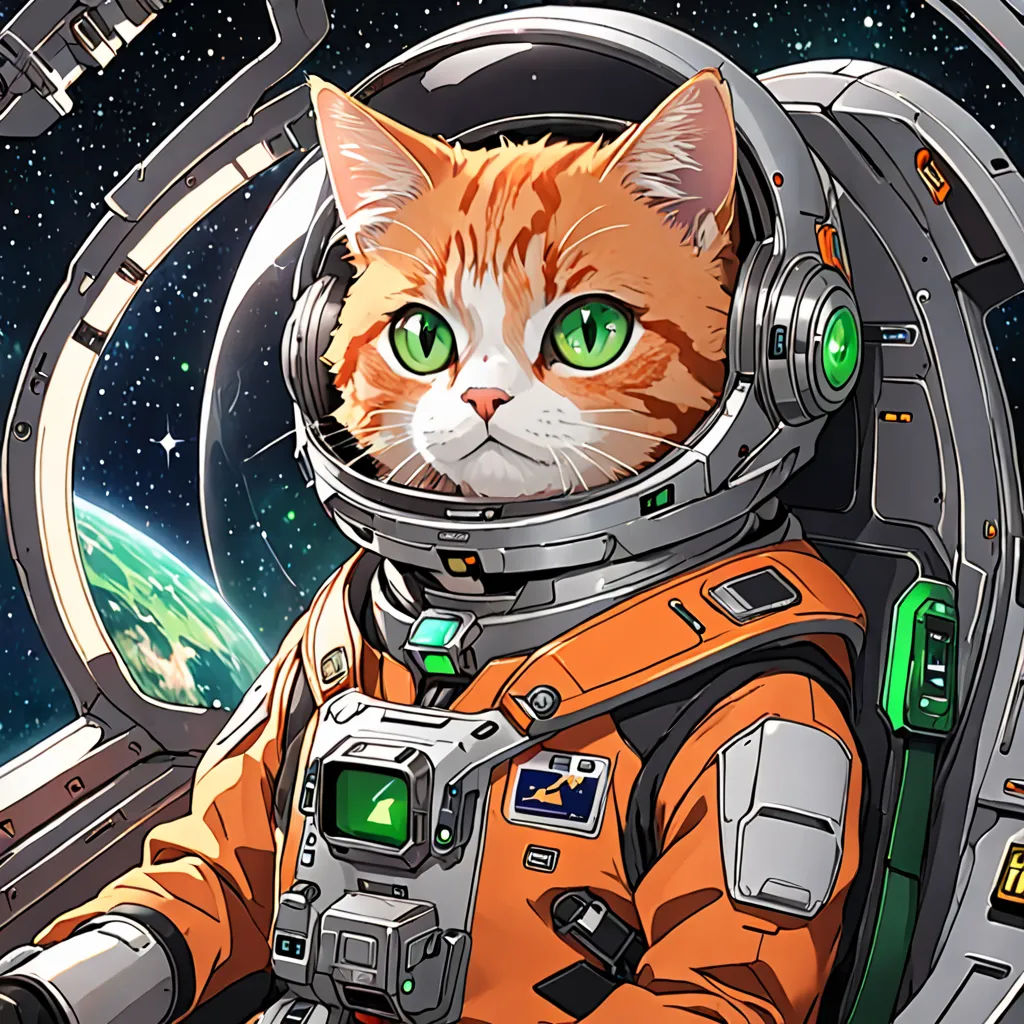 a cat in a space suit with a green eyed cat in the background of a planet and stars in the sky, space art, computer graphics, Chris LaBrooy, yukito kishiro