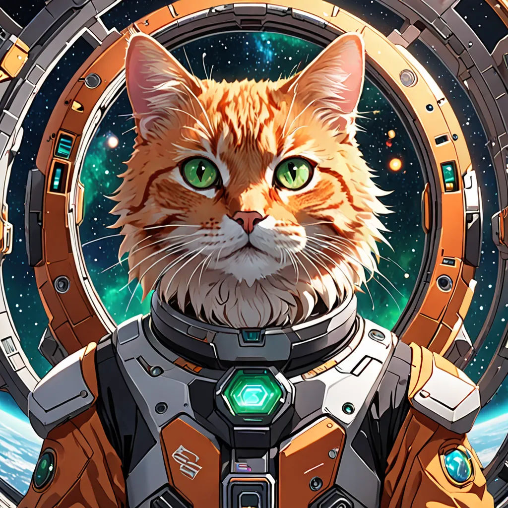 a cat in a space suit with a space background and a planet in the background with stars and a spaceship, space art, computer graphics, Android Jones, josan gonzales and dan mumford