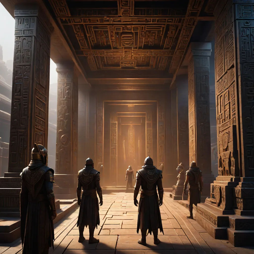 a group of men standing in a hallway next to a building with columns and pillars on either side of them, fantasy art, a detailed matte painting, Cedric Seaut (Keos Masons), unreal 5