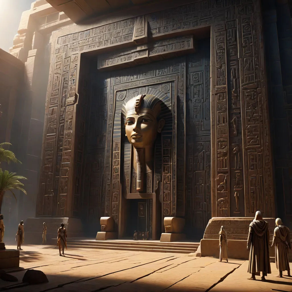 a scene of a egyptian temple with a statue of a pharaoh and a group of people standing in front of it, fantasy art, a detailed matte painting, Clint Cearley, rossdraws global illumination
