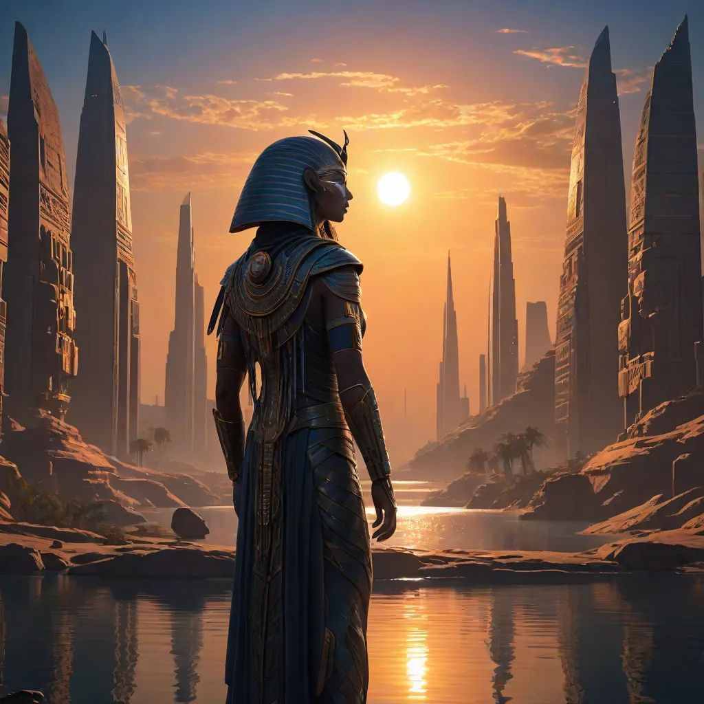 a man in a costume standing in front of a body of water with a city in the background at sunset, afrofuturism, a detailed matte painting, Clint Cearley, cinematic matte painting