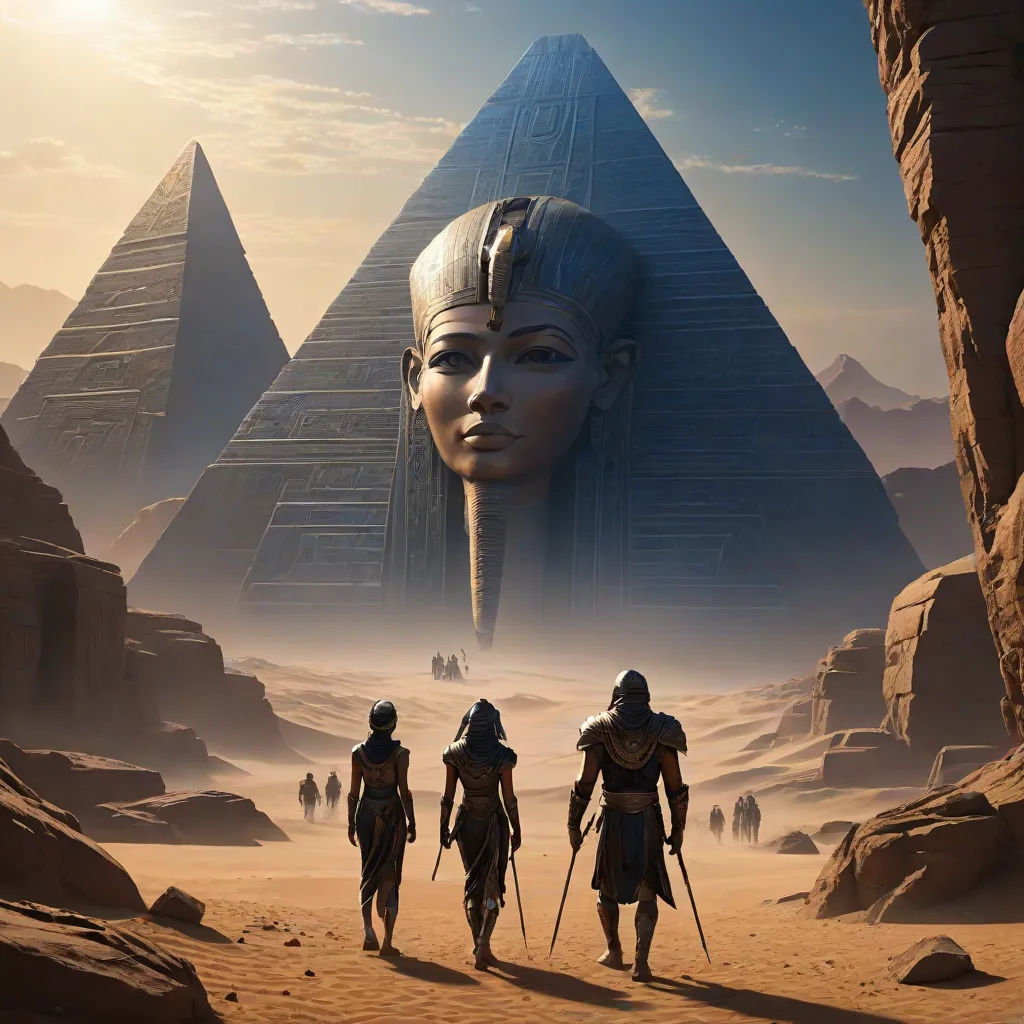 a group of people walking across a desert covered in egyptian art and pyramids in the background of a desert, fantasy art, egyptian art, Beeple, cinematic matte painting