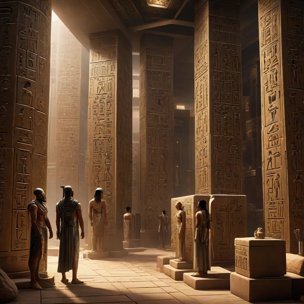 a group of egyptian men standing in a room with columns and pillars in it, with a light shining on them, afrofuturism, egyptian art, Cedric Seaut (Keos Masons), unreal engine highly rendered