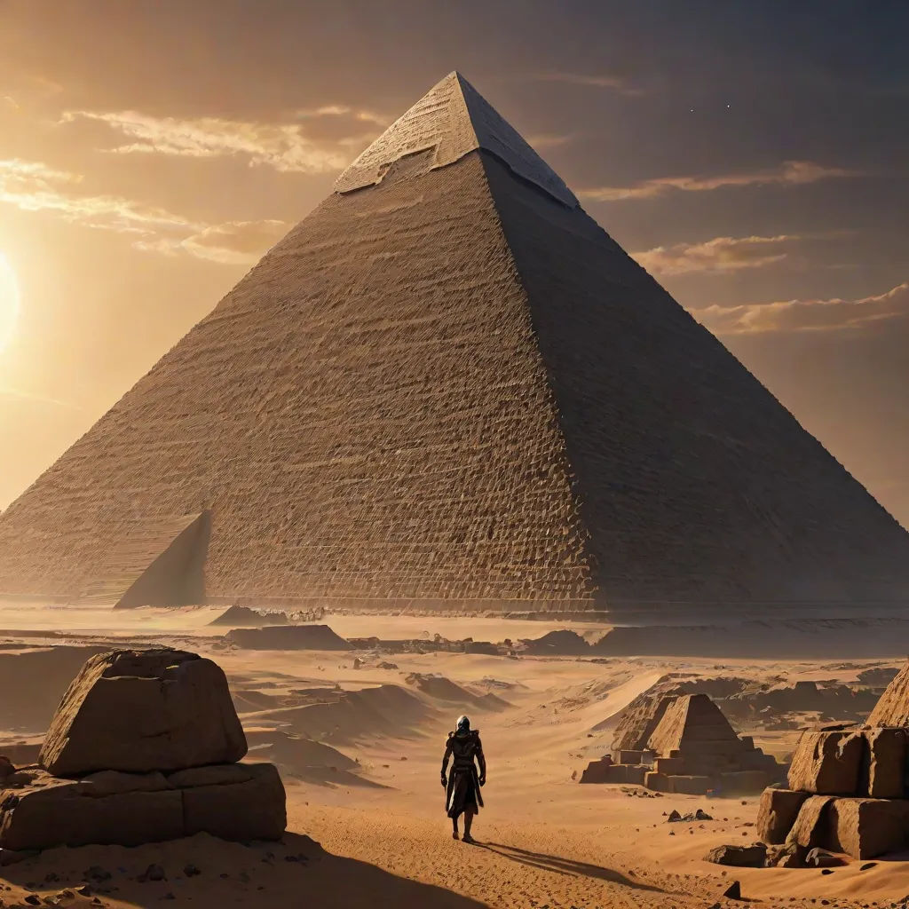 a man walking in front of a large pyramid in the desert with a sky background and sun shining through the clouds, afrofuturism, egyptian art, Beeple, matte painting