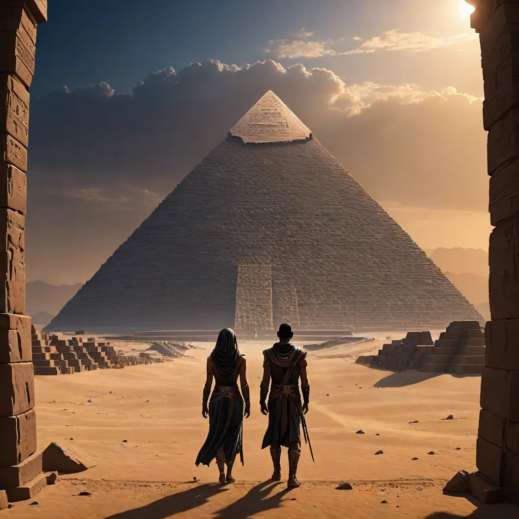 two people walking towards a pyramid in the desert with a sky background and sun shining through the clouds above, fantasy art, egyptian art, Clint Cearley, mars ravelo and greg rutkowski
