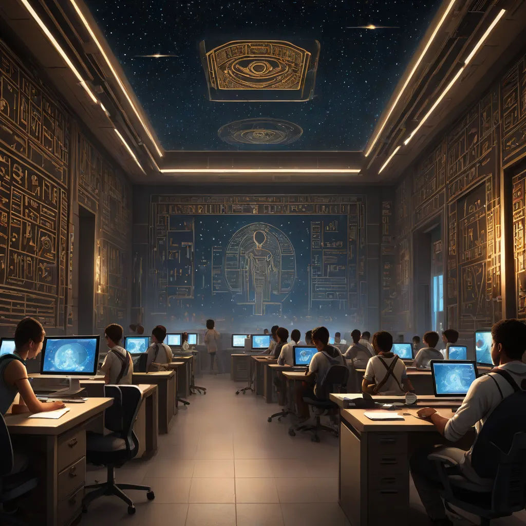 a room with a lot of people working on computers in it and a ceiling with a painting of a egyptian god, fantasy art, a detailed matte painting, Christophe Vacher, matte painting concept art