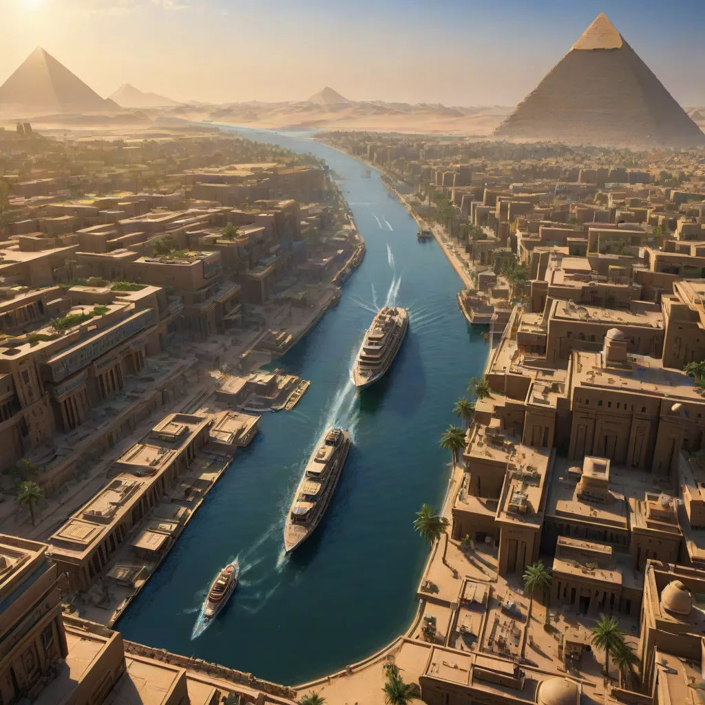 a large boat is in the water near a city and pyramids in the background, with a boat in the water, afrofuturism, a detailed matte painting, Beeple, cinematic matte painting