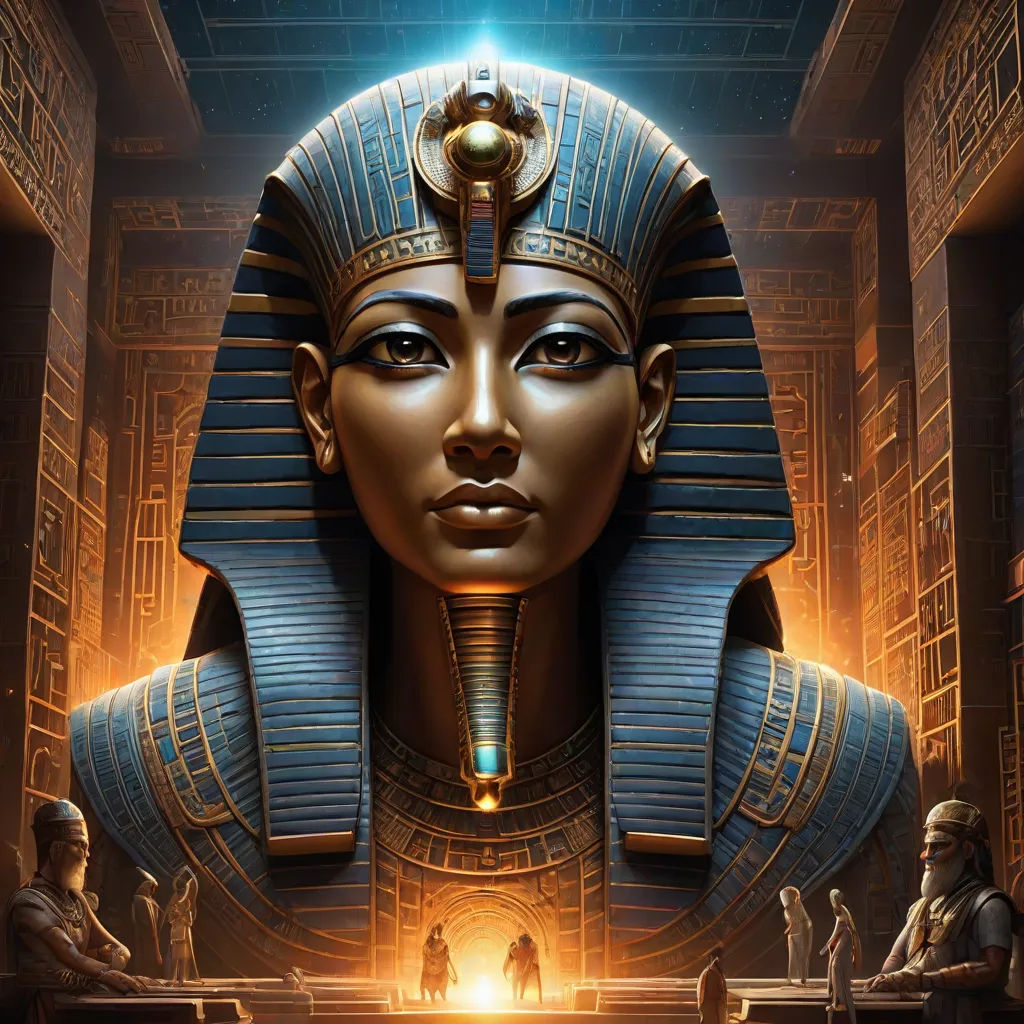 a stylized image of a pharaoh's head with a glowing light in the middle of it and people standing around, fantasy art, egyptian art, Drew Struzan, highly detailed digital painting