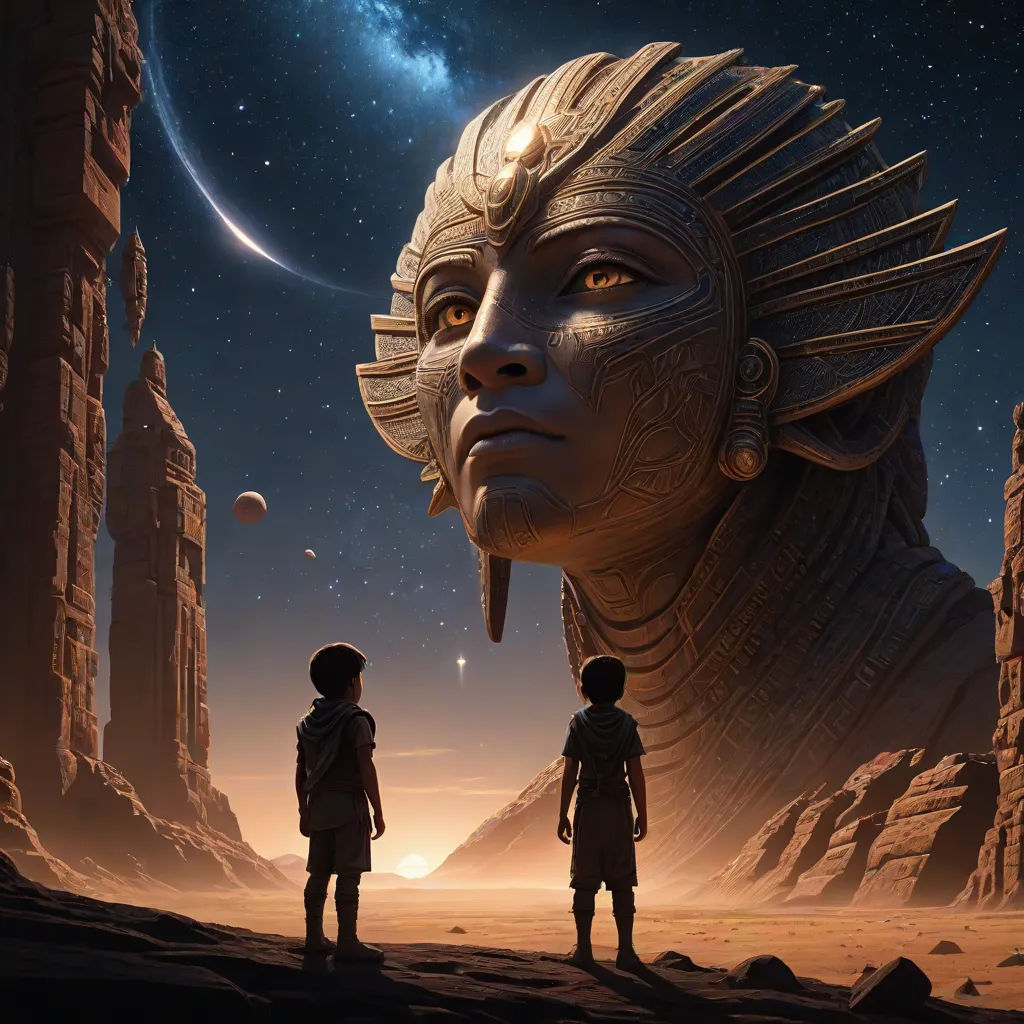 two people standing in front of a giant alien head in the desert with a planet in the background and a distant sky, fantasy art, a detailed matte painting, Clint Cearley, mars ravelo and greg rutkowski