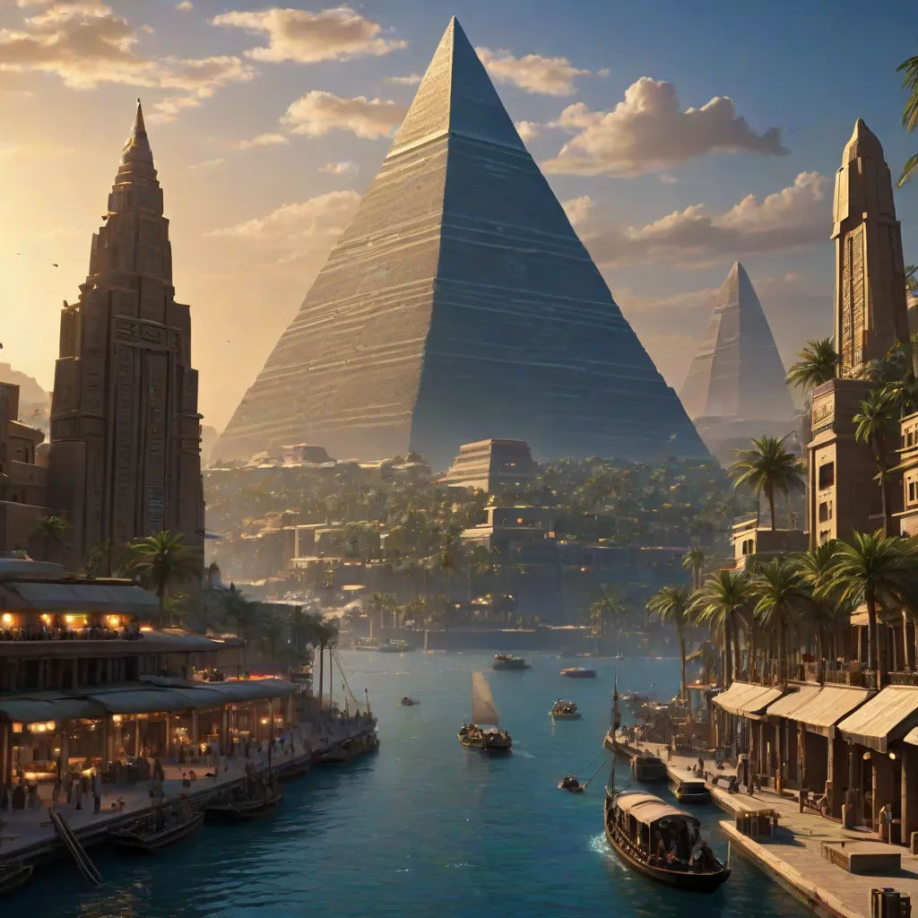 a large pyramid is in the background of a city with boats on the water and palm trees in the foreground, afrofuturism, egyptian art, Altichiero, cinematic matte painting