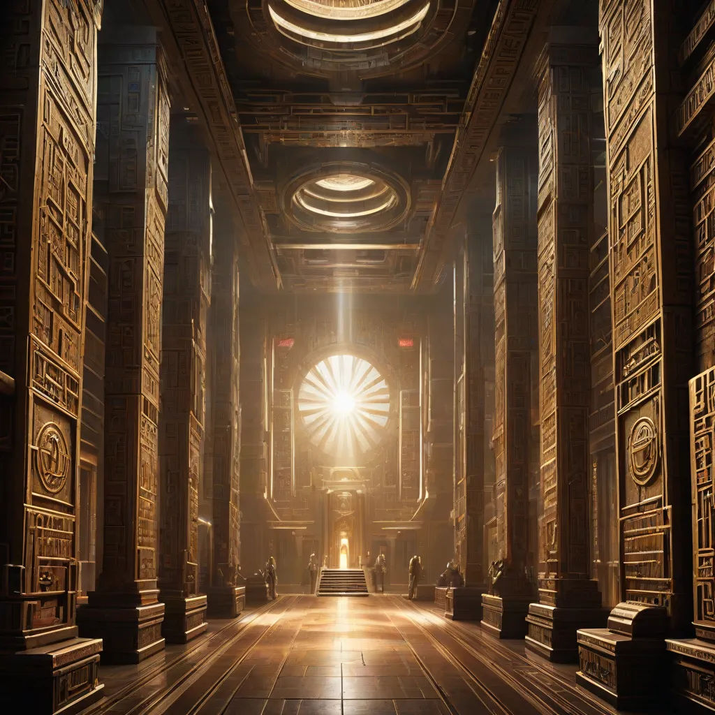 a large room with a light shining in the middle of it and a lot of pillars and pillars on the floor, fantasy art, a detailed matte painting, Christophe Vacher, path traced