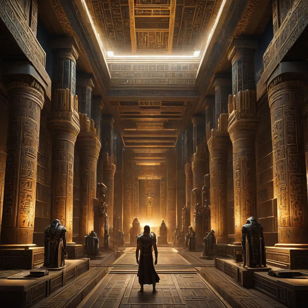 a man standing in a hallway between two columns in a temple with columns and columns on either side of the room, fantasy art, a detailed matte painting, Drew Struzan, rossdraws global illumination