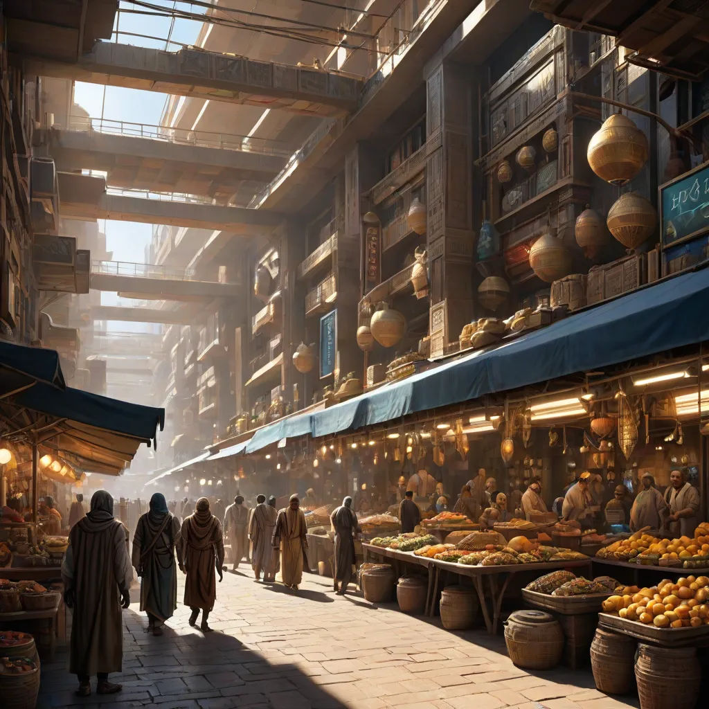 a group of people walking down a street next to a market area with lots of food on display and people walking by, fantasy art, a detailed matte painting, Clint Cearley, matte painting concept art