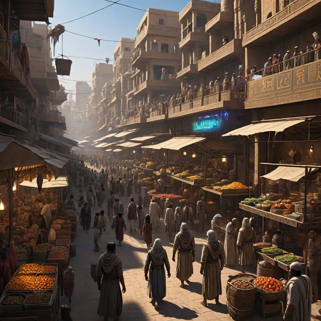 a busy street with people walking around and shops on both sides of the street and a lot of buildings, afrofuturism, a detailed matte painting, Clint Cearley, orientalism