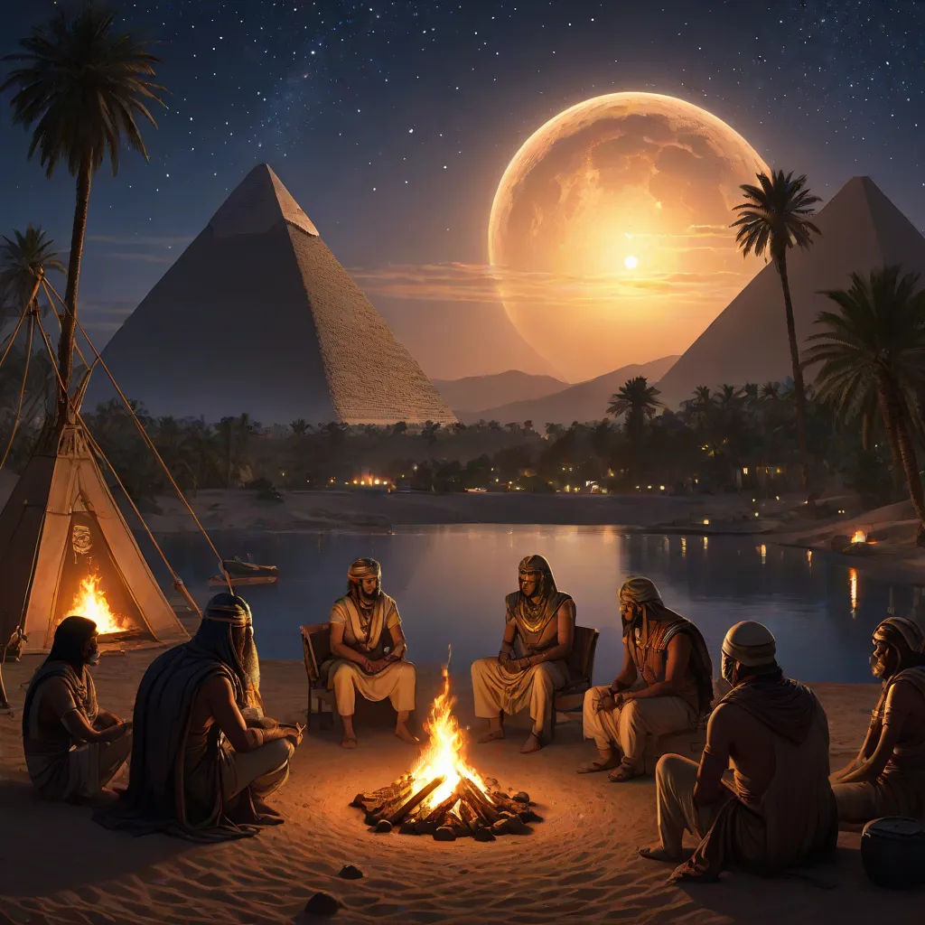 a group of people sitting around a fire pit in the desert at night with the moon in the background, fantasy art, egyptian art, Christophe Vacher, cinematic matte painting