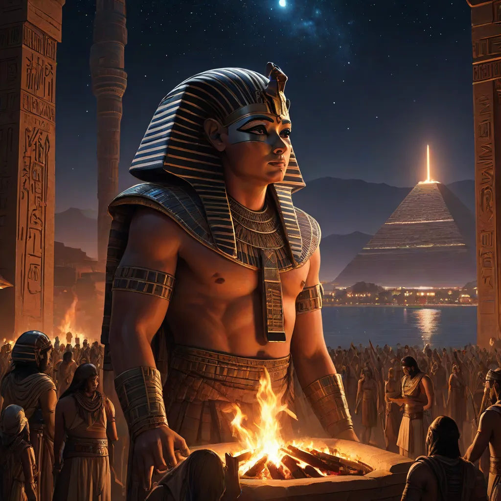 a man in a costume standing in front of a fire pit with a pyramid in the background and a pyramid in the background, fantasy art, egyptian art, Cedric Seaut (Keos Masons), cinematic matte painting