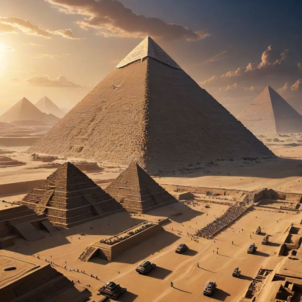 a group of pyramids in a desert with a sky background and a sun setting behind them in the distance, afrofuturism, egyptian art, Beeple, matte painting