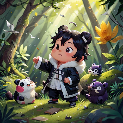 a little girl standing in the middle of a forest surrounded by pandas and other animals, with a sunbeam in the background