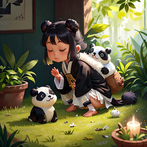 a little girl kneeling down next to a panda bear and a panda cub in a garden with a lit candle