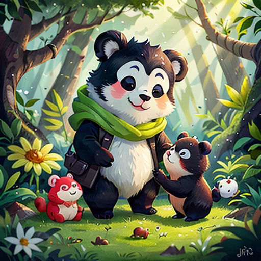a panda bear and her cubs in the forest with sunflowers and trees in the background, with a green scarf around their necks