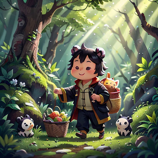 a boy with a basket of food in a forest with pandas and other animals around him, with a cat in the basket