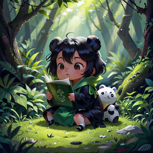 a little girl sitting on the ground reading a book in the woods with pandas nearby and a panda bear