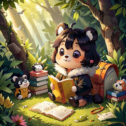 a girl reading a book in the forest with pandas and panda bears around her, while sitting on a book