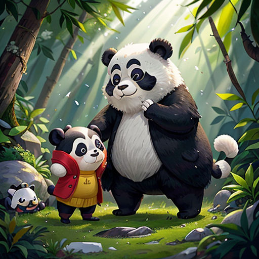 a panda and her cub are in the jungle together, with a sunbeam in the background and a bamboo tree in the foreground