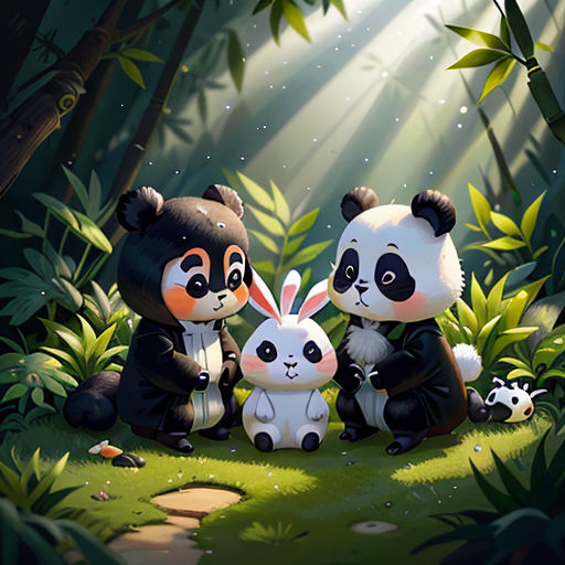 a couple of panda bears sitting next to each other on a lush green field with bamboo trees and a baby panda
