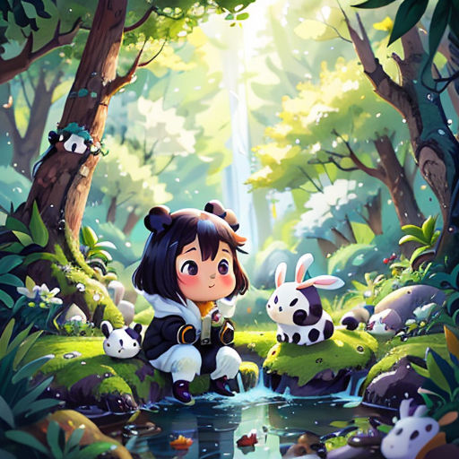 a girl sitting on a rock in the forest with a dog and a cat in front of her, and a waterfall in the background