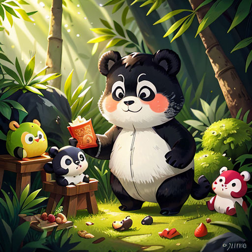 a panda bear is sitting in the forest with other animals and a book in his hand and a book in his hand