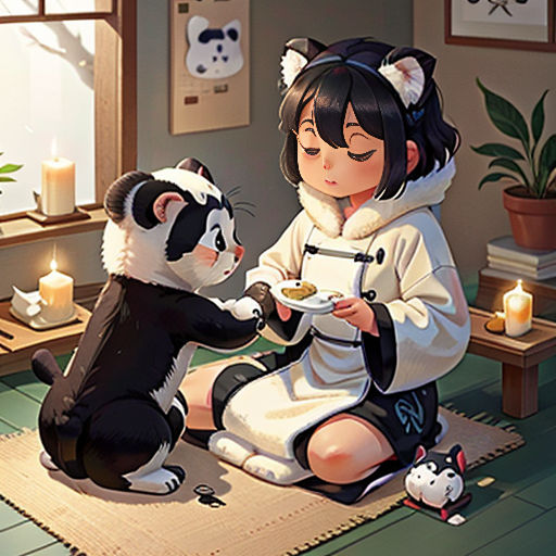 a woman feeding a panda a plate of food in a room with candles and a cat on the floor